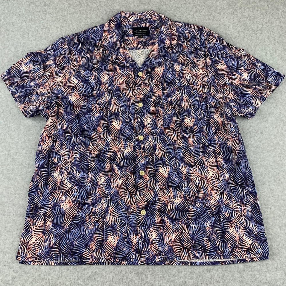 Lucky Brand Button Down Shirt Mens Large Blue Pink Tropical Saturday Stretch